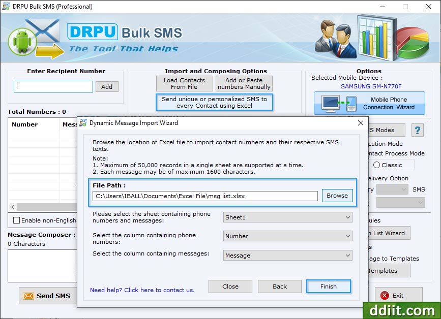 Browse the path of Excel Bulk Sms Mobile Text Messaging Software